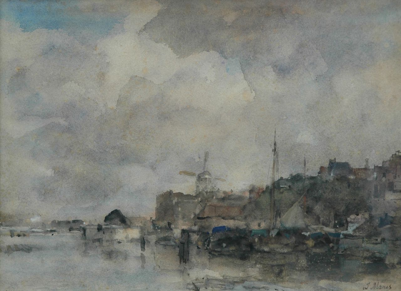 Maris J.H.  | Jacobus Hendricus 'Jacob' Maris, Gezicht op een Hollandse haven, aquarel op papier 28,5 x 38,6 cm, gesigneerd rechtsonder