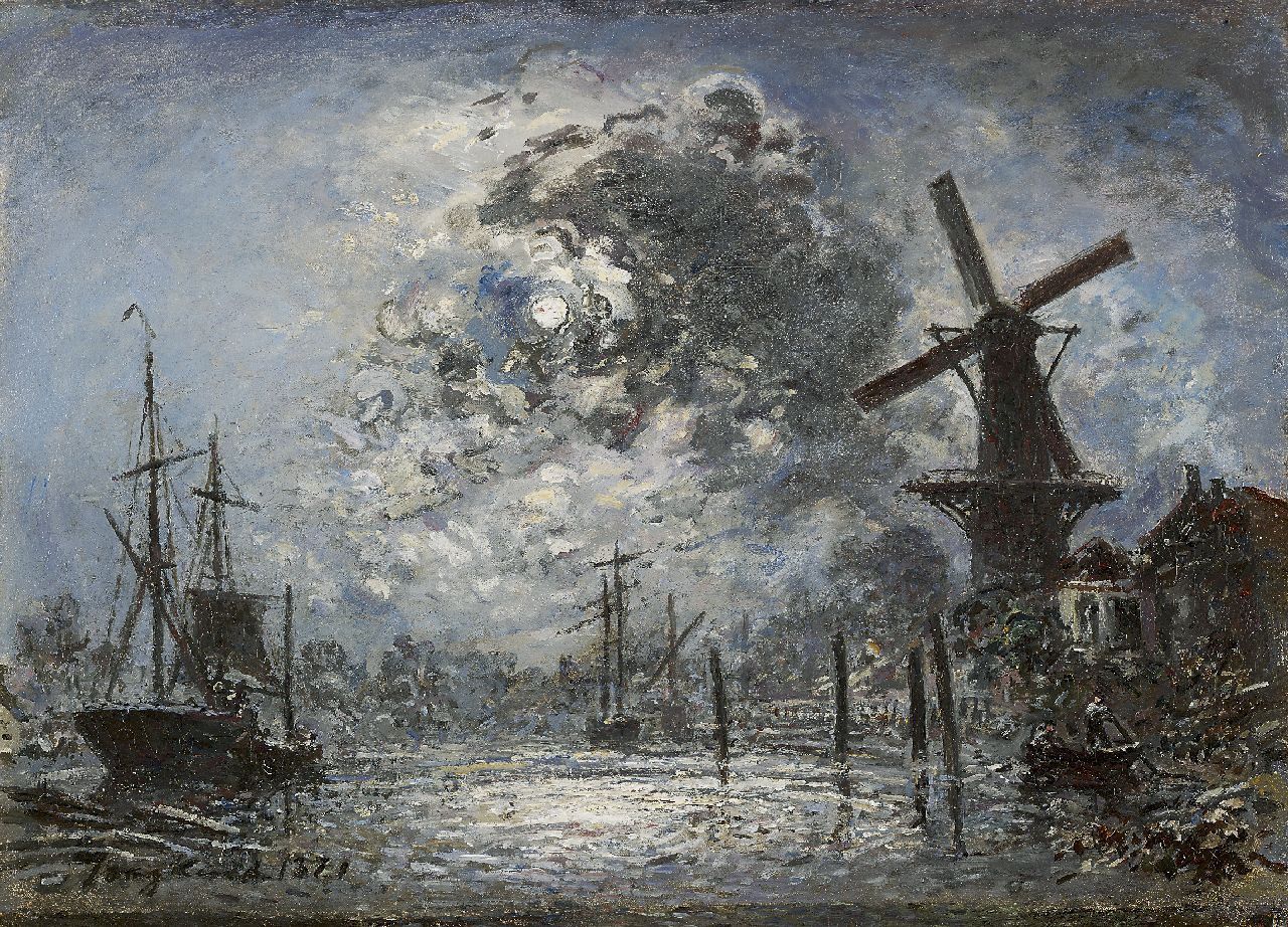 Jongkind J.B. | Johan Barthold Jongkind, Clair de Lune, Oud Delfshaven, olieverf op doek 35,0 x 47,9 cm, gesigneerd linksonder en gedateerd 1871 Jongkind J.B. | Johan Barthold Jongkind, Clair de Lune, Oud Delfshaven, olieverf op doek 35,0 x 47,9 cm, gesigneerd linksonder en gedateerd 1871