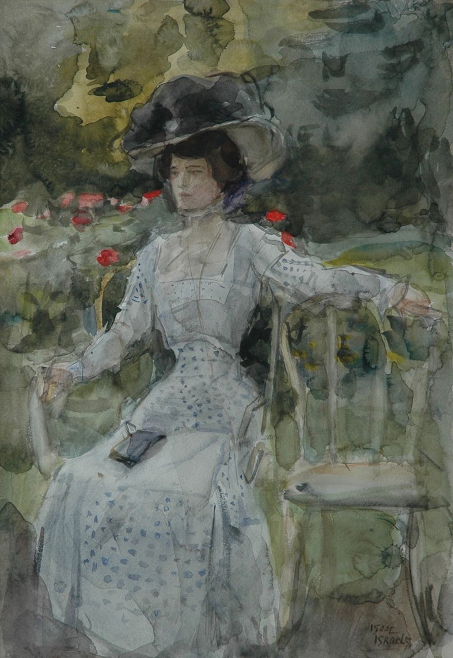 Israels I.L. | 'Isaac' Lazarus Israels, Elegante vrouw met voile in een park, aquarel op papier 51,0 x 36,0 cm, gesigneerd rechtsonder Israels I.L. | 'Isaac' Lazarus Israels, Elegante vrouw met voile in een park, aquarel op papier 51,0 x 36,0 cm, gesigneerd rechtsonder