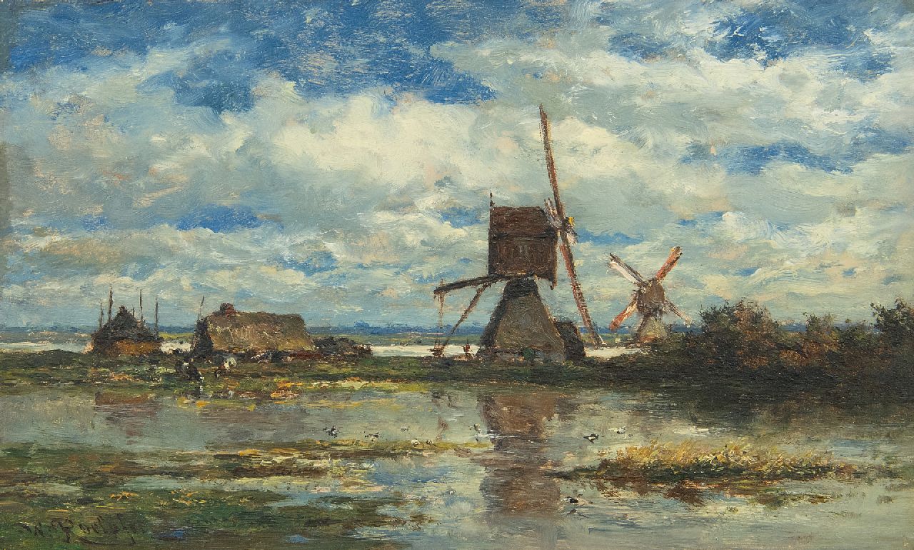 Roelofs W. | Willem Roelofs, De Boven- en Ondermolen van de polder Stolwijk (bij Gouda), olieverf op paneel 14,8 x 24,0 cm, gesigneerd linksonder en te dateren ca. 1872-1875 Roelofs W. | Willem Roelofs, De Boven- en Ondermolen van de polder Stolwijk (bij Gouda), olieverf op paneel 14,8 x 24,0 cm, gesigneerd linksonder en te dateren ca. 1872-1875