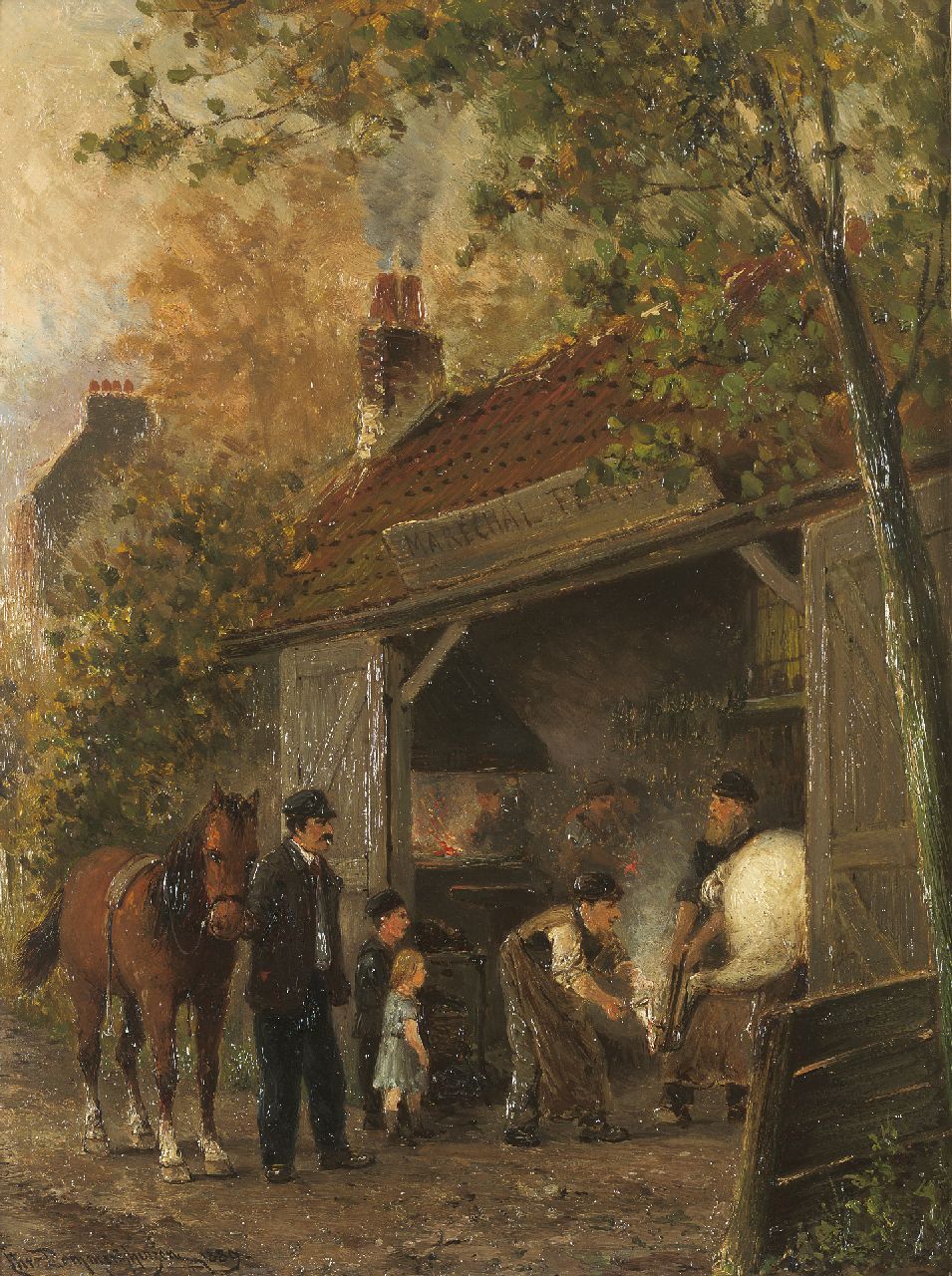Dommelshuizen C.C. | Cornelis Christiaan Dommelshuizen, Bij de hoefsmid, olieverf op paneel 34,9 x 26,4 cm, gesigneerd linksonder en gedateerd 1889 Dommelshuizen C.C. | Cornelis Christiaan Dommelshuizen, Bij de hoefsmid, olieverf op paneel 34,9 x 26,4 cm, gesigneerd linksonder en gedateerd 1889