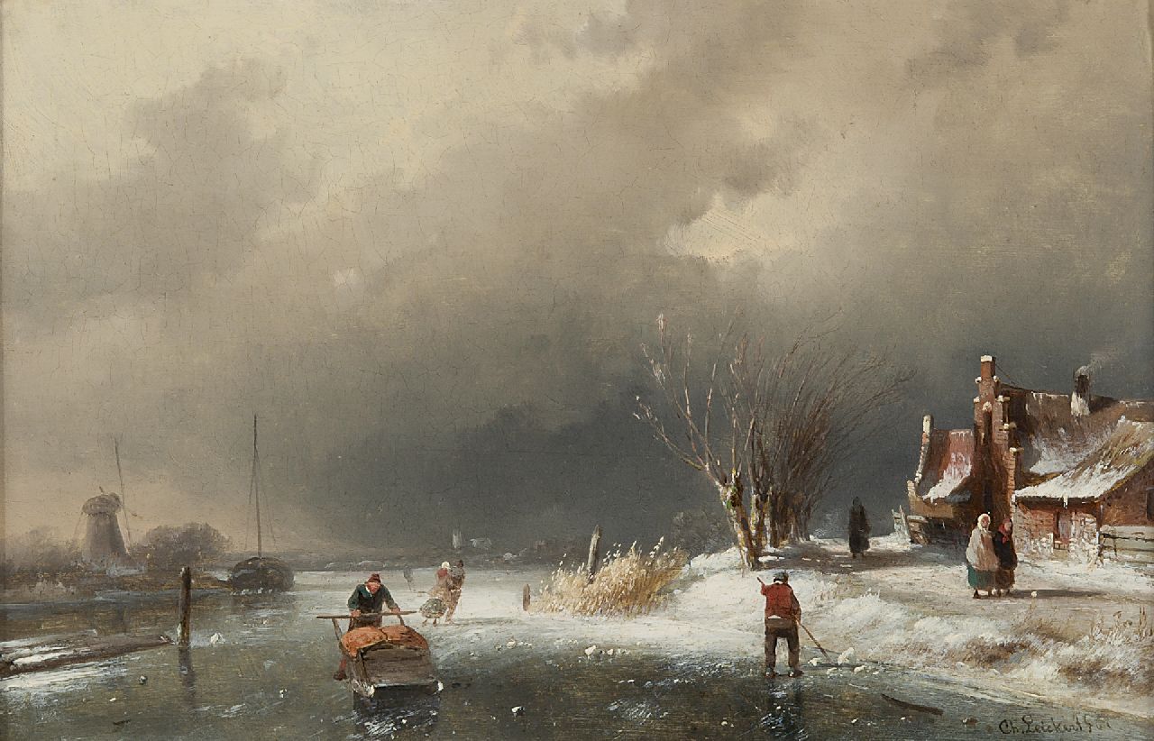 Leickert C.H.J. | 'Charles' Henri Joseph Leickert, Winterlandschap met schaatsers bij naderende storm, olieverf op paneel 18,5 x 28,1 cm, gesigneerd rechtsonder en gedateerd '61 Leickert C.H.J. | 'Charles' Henri Joseph Leickert, Winterlandschap met schaatsers bij naderende storm, olieverf op paneel 18,5 x 28,1 cm, gesigneerd rechtsonder en gedateerd '61