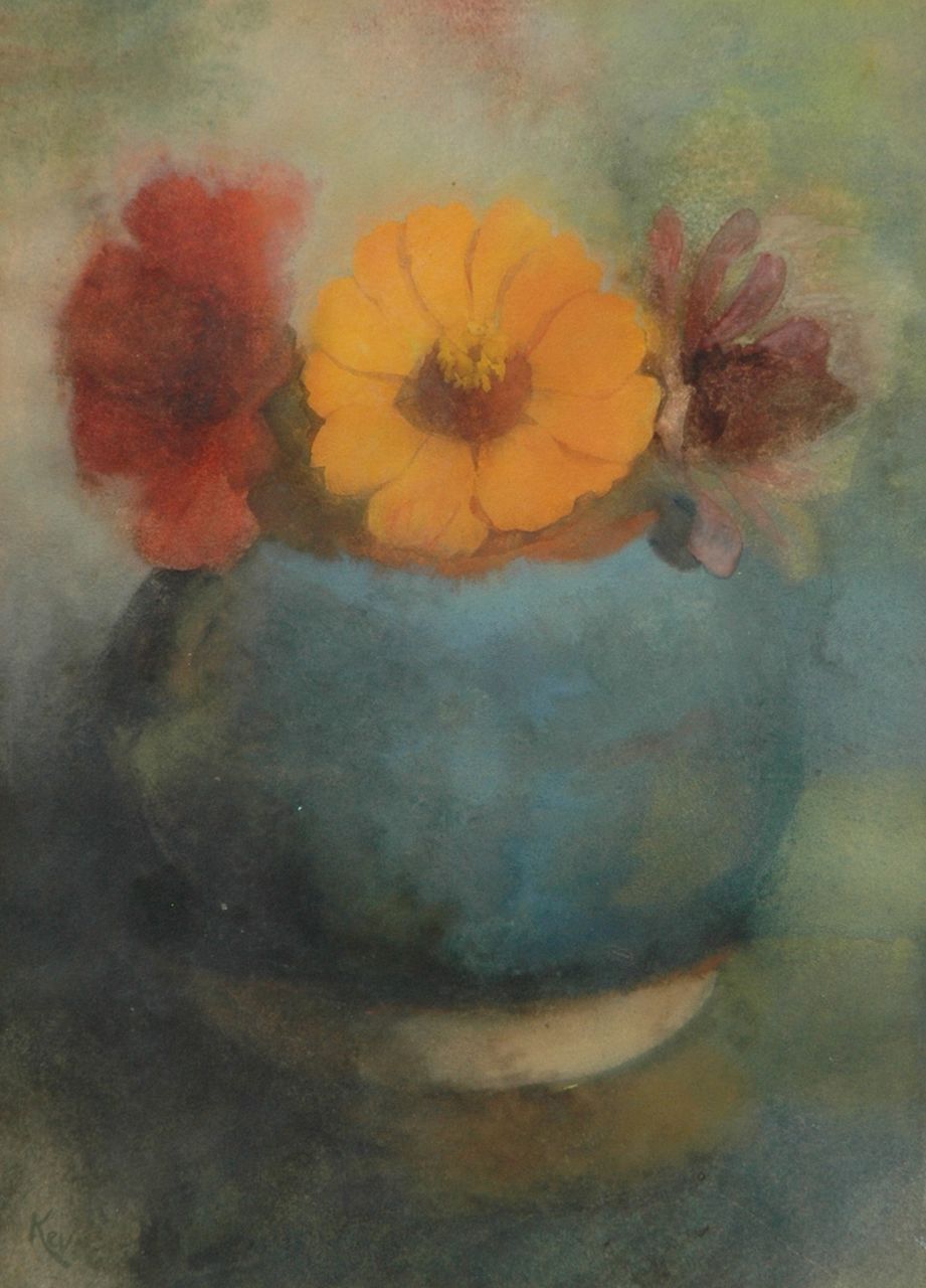 Kever J.S.H.  | Jacob Simon Hendrik 'Hein' Kever, Zinnia's in gemberpot, aquarel op papier 26,6 x 19,4 cm, gesigneerd linksonder