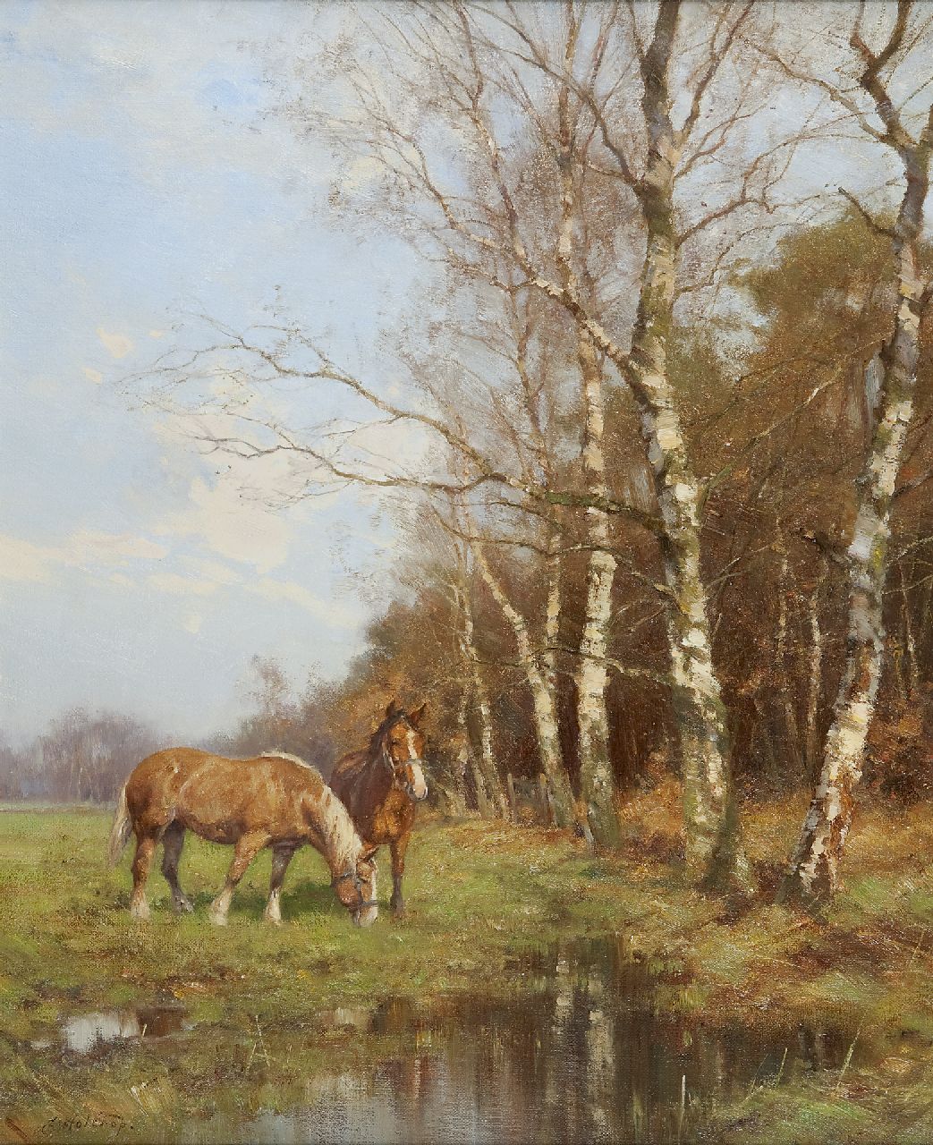 Holtrup J. | Jan Holtrup, Werkpaarden in weidelandschap te Groesbeek, olieverf op doek 60,1 x 50,2 cm, gesigneerd linksonder Holtrup J. | Jan Holtrup, Werkpaarden in weidelandschap te Groesbeek, olieverf op doek 60,1 x 50,2 cm, gesigneerd linksonder