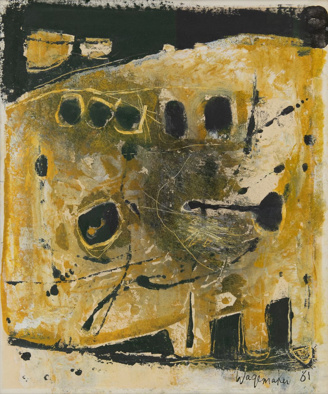 Wagemaker A.B. | Adriaan Barend 'Jaap' Wagemaker, Abstract in geel en zwart, gemengde techniek op papier 54,0 x 44,5 cm, gesigneerd rechtsonder en gedateerd '61 Wagemaker A.B. | Adriaan Barend 'Jaap' Wagemaker, Abstract in geel en zwart, gemengde techniek op papier 54,0 x 44,5 cm, gesigneerd rechtsonder en gedateerd '61