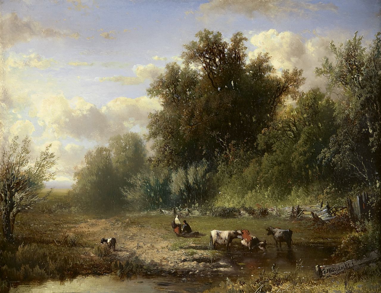 Hendriks F.H. | Frederik Hendrik Hendriks, Vee en rustende figuren bij een voorde, Wolfheze, olieverf op doek op paneel 37,9 x 49,4 cm, gesigneerd rechtsonder Hendriks F.H. | Frederik Hendrik Hendriks, Vee en rustende figuren bij een voorde, Wolfheze, olieverf op doek op paneel 37,9 x 49,4 cm, gesigneerd rechtsonder
