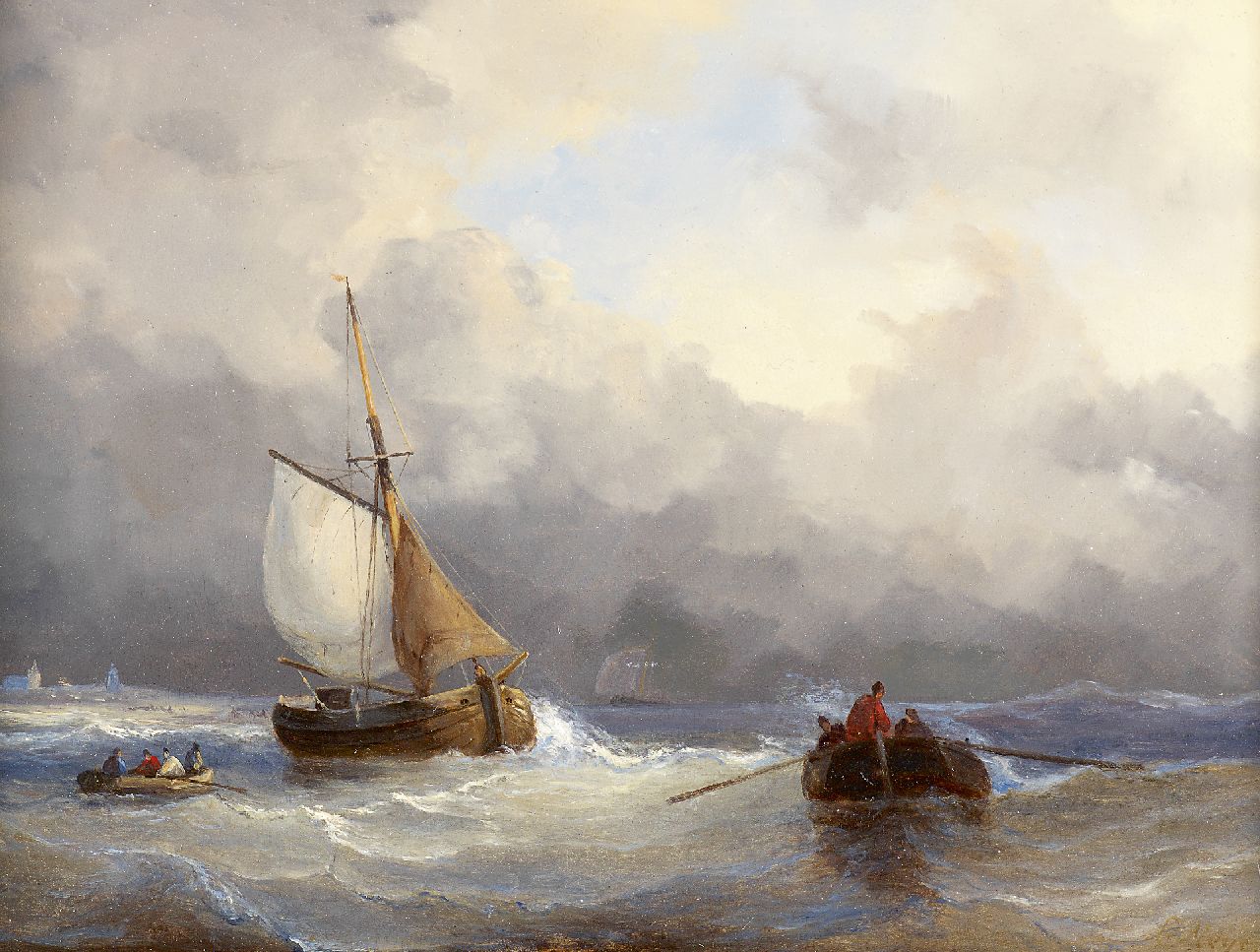 Meijer J.H.L. | Johan Hendrik 'Louis' Meijer | Schilderijen te koop aangeboden | Vissersschip en sloep op zee, olieverf op paneel 22,8 x 31,0 cm, gesigneerd rechtsonder Meijer J.H.L. | Johan Hendrik 'Louis' Meijer | Schilderijen te koop aangeboden | Vissersschip en sloep op zee, olieverf op paneel 22,8 x 31,0 cm, gesigneerd rechtsonder