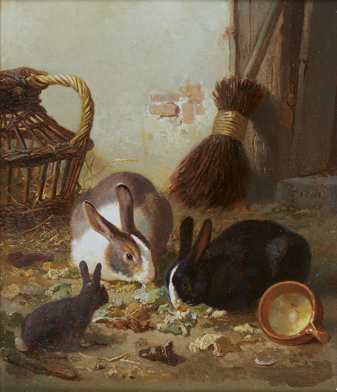 Bos G.J. | Gerardus Johannes Bos, Konijnen aan de maaltijd, olieverf op paneel 20,8 x 17,6 cm, gesigneerd rechts van het midden en gedateerd 1866 Bos G.J. | Gerardus Johannes Bos, Konijnen aan de maaltijd, olieverf op paneel 20,8 x 17,6 cm, gesigneerd rechts van het midden en gedateerd 1866