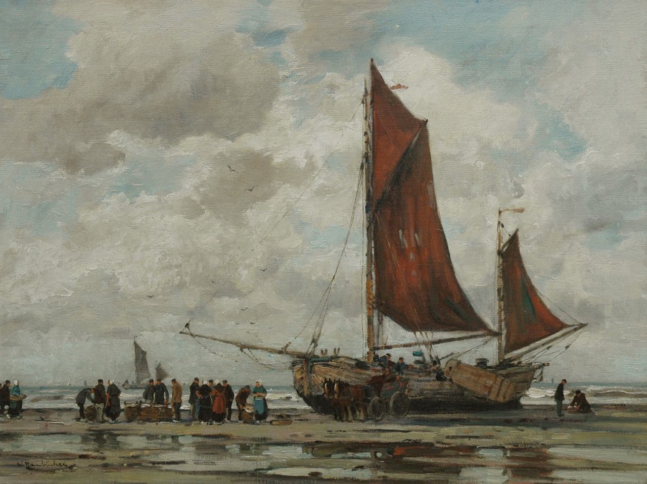 Hambüchen W. | Wilhelm Hambüchen, Het uitladen van de vangst, olieverf op doek 59,8 x 80,4 cm, gesigneerd linksonder Hambüchen W. | Wilhelm Hambüchen, Het uitladen van de vangst, olieverf op doek 59,8 x 80,4 cm, gesigneerd linksonder