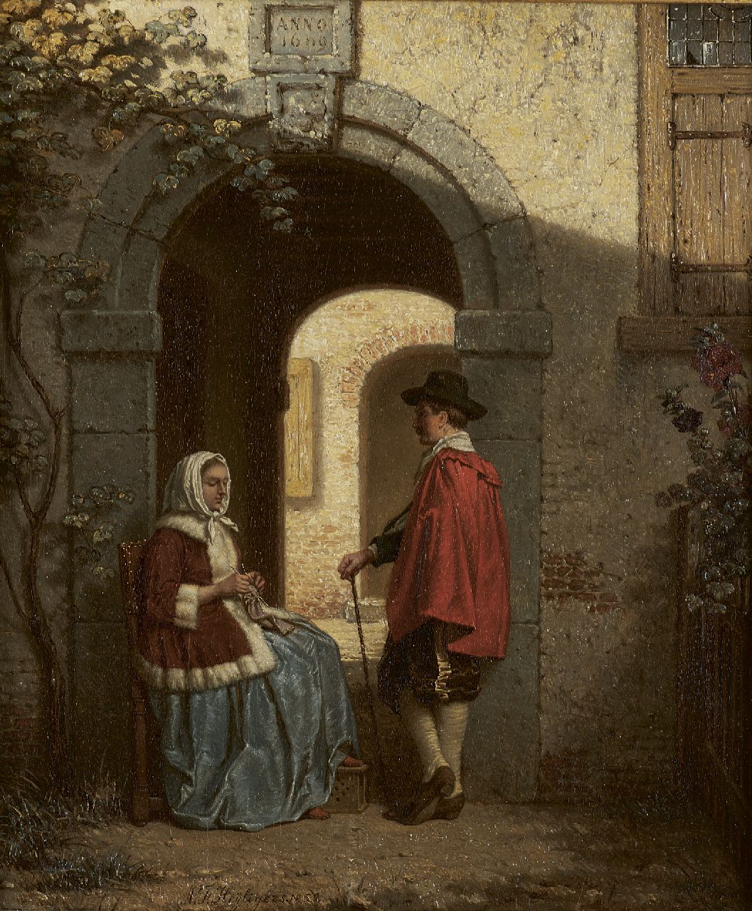 Heijligers A.F. | Antoon François Heijligers, Praatje in de poort, olieverf op paneel 22,2 x 18,7 cm, gesigneerd links van het midden. en gedateerd 1859 Heijligers A.F. | Antoon François Heijligers, Praatje in de poort, olieverf op paneel 22,2 x 18,7 cm, gesigneerd links van het midden. en gedateerd 1859