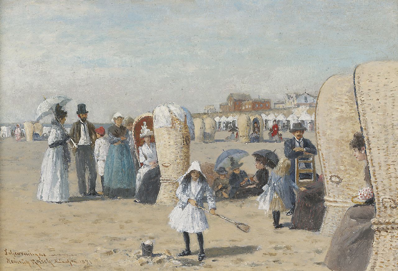 Rasch H. | Heinrich Rasch, Op het strand van Scheveningen, olieverf op schildersboard 19,0 x 27,3 cm, gesigneerd linksonder en gedateerd 1891 Rasch H. | Heinrich Rasch, Op het strand van Scheveningen, olieverf op schildersboard 19,0 x 27,3 cm, gesigneerd linksonder en gedateerd 1891