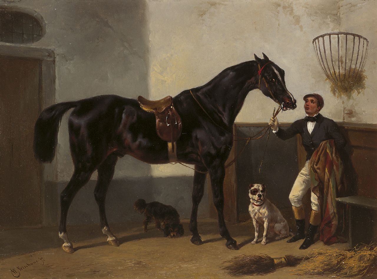 Verschuur W. | Wouterus Verschuur, Jockey met renpaard in een stal, olieverf op paneel 27,7 x 37,2 cm, gesigneerd linksonder Verschuur W. | Wouterus Verschuur, Jockey met renpaard in een stal, olieverf op paneel 27,7 x 37,2 cm, gesigneerd linksonder