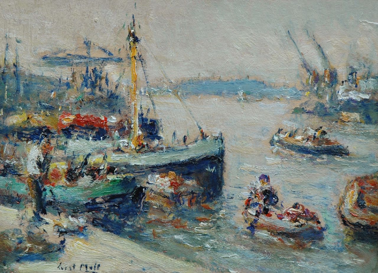 Moll E. | Evert Moll, Scheepvaartverkeer bij Rotterdam, olieverf op board op paneel 24,8 x 33,5 cm, gesigneerd linksonder Moll E. | Evert Moll, Scheepvaartverkeer bij Rotterdam, olieverf op board op paneel 24,8 x 33,5 cm, gesigneerd linksonder