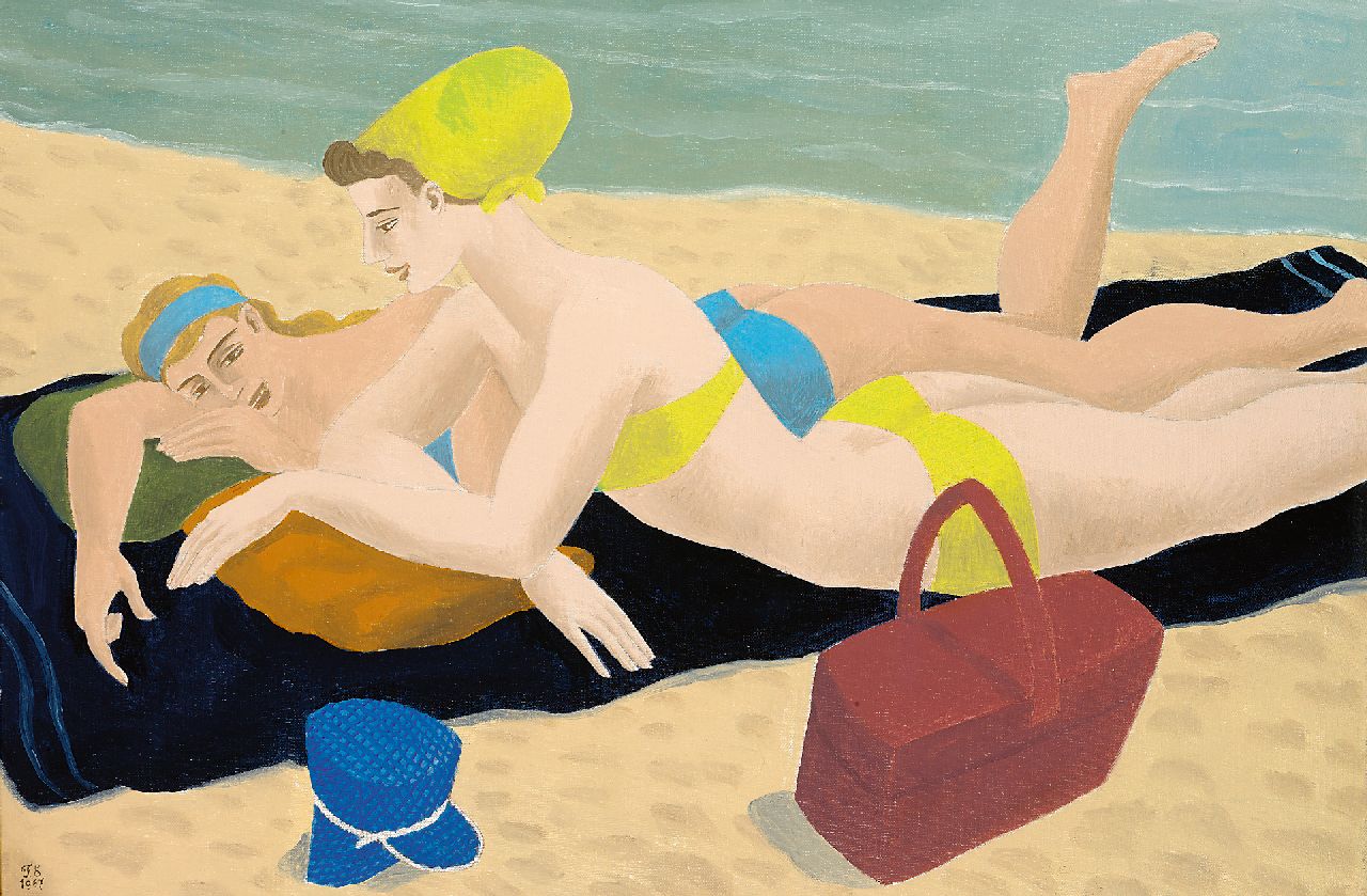 Erfmann F.G. | 'Ferdinand' George Erfmann, Zonnebaden op het strand, olieverf op doek 40,3 x 60,3 cm, gesigneerd linksonder met initialen en gedateerd 1967 Erfmann F.G. | 'Ferdinand' George Erfmann, Zonnebaden op het strand, olieverf op doek 40,3 x 60,3 cm, gesigneerd linksonder met initialen en gedateerd 1967