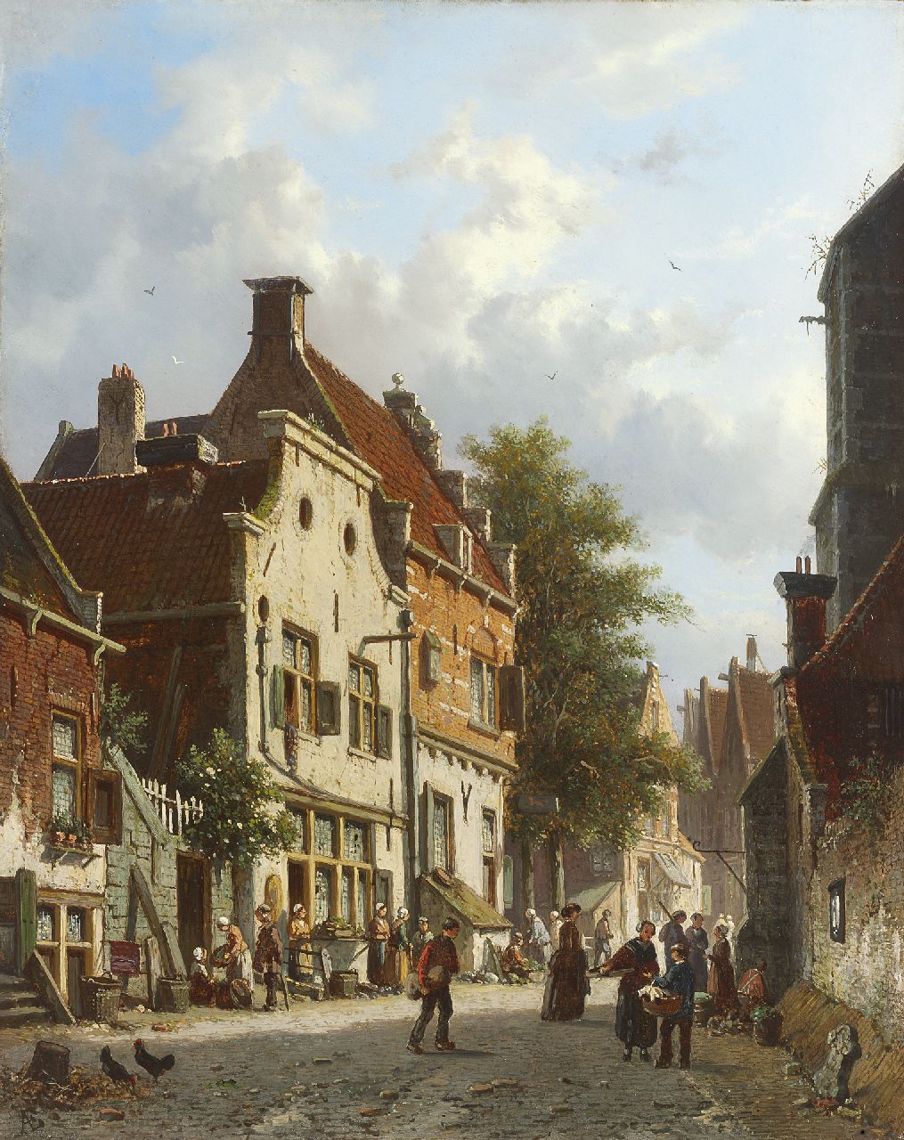 Eversen A. | Adrianus Eversen, Zonnig straatje met groenteverkoopsters, olieverf op paneel 38,6 x 30,8 cm, gesigneerd linksonder met monogram Eversen A. | Adrianus Eversen, Zonnig straatje met groenteverkoopsters, olieverf op paneel 38,6 x 30,8 cm, gesigneerd linksonder met monogram