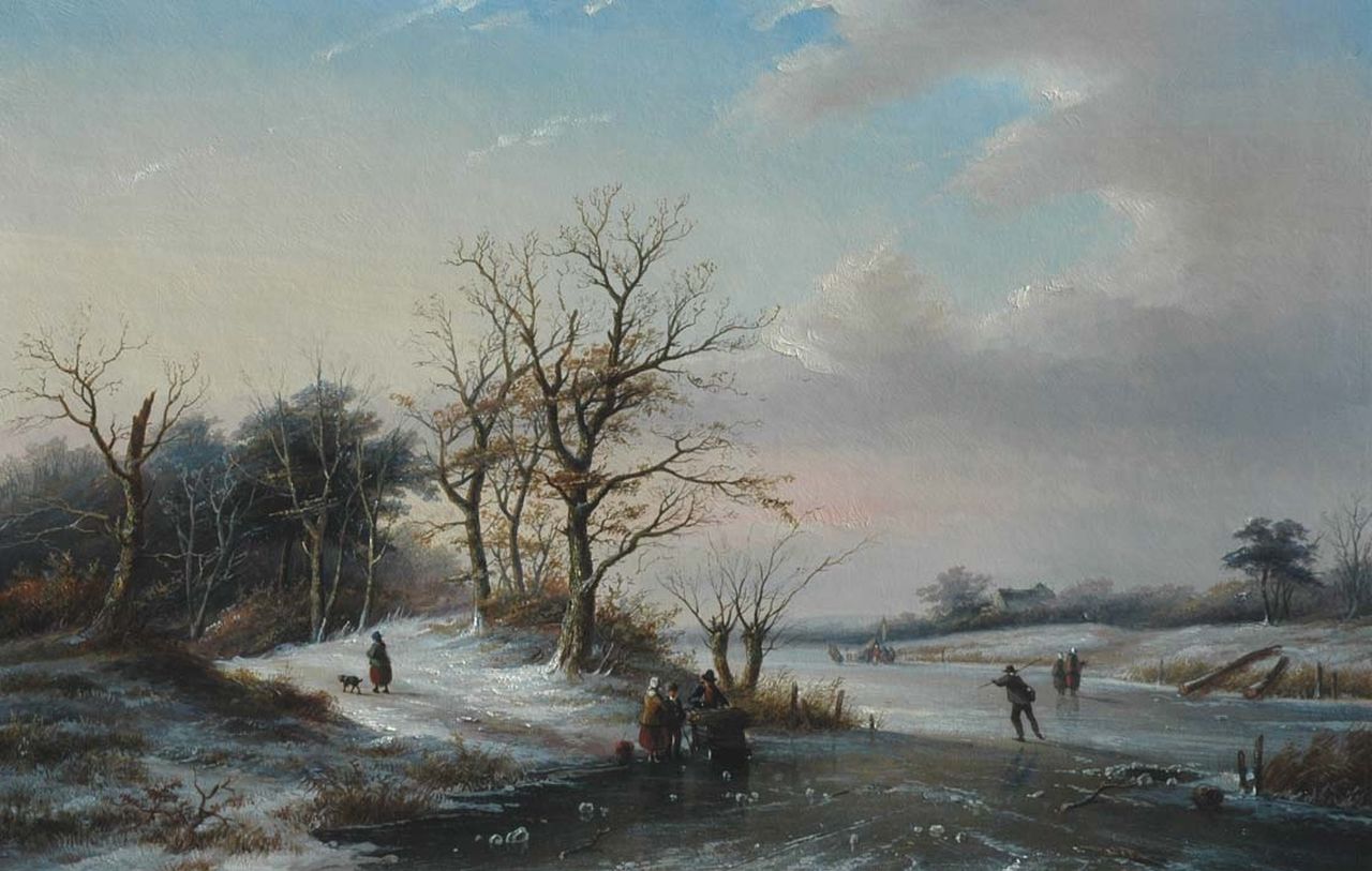Spohler J.J. | Jan Jacob Spohler, Winterlandschap met schaatsers en slede, olieverf op paneel 57,1 x 88,1 cm Spohler J.J. | Jan Jacob Spohler, Winterlandschap met schaatsers en slede, olieverf op paneel 57,1 x 88,1 cm