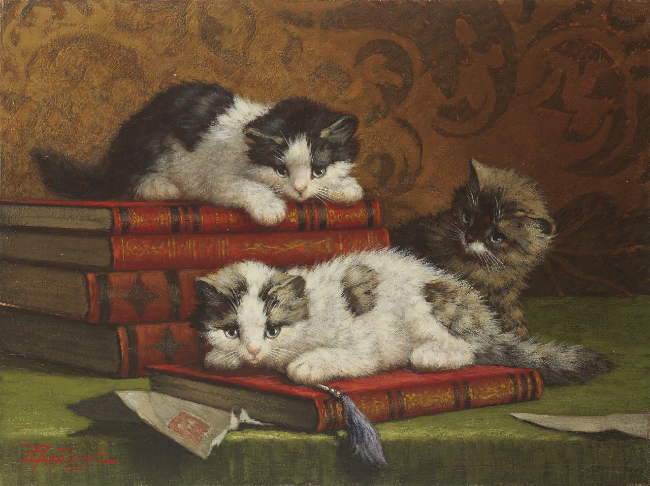 Raaphorst C. | Cornelis Raaphorst, Drie spelende poesjes bij een stapel boeken, olieverf op doek 30,3 x 40,5 cm, gesigneerd linksonder Raaphorst C. | Cornelis Raaphorst, Drie spelende poesjes bij een stapel boeken, olieverf op doek 30,3 x 40,5 cm, gesigneerd linksonder