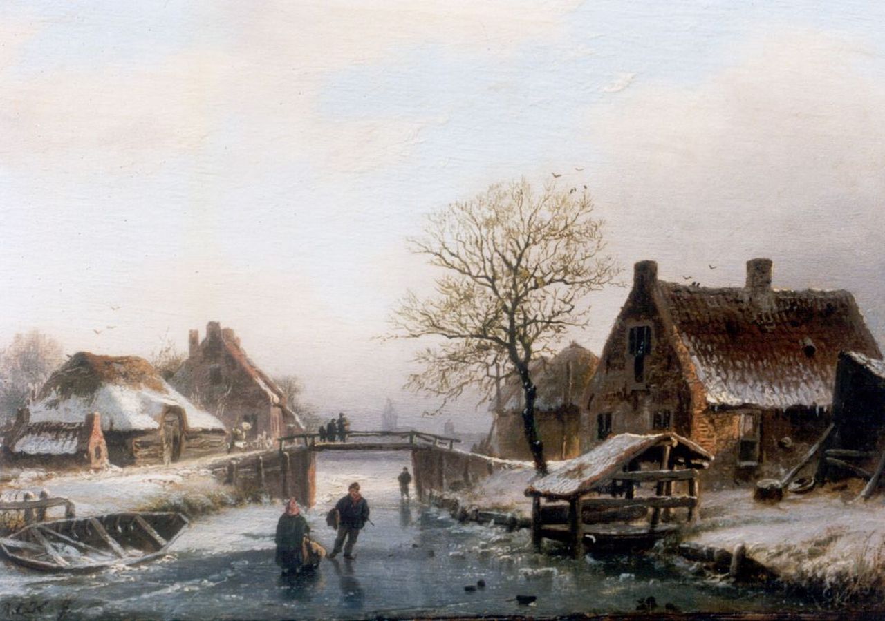 Koekkoek B.C.  | Barend Cornelis Koekkoek, Boerderijen aan een bevroren vaart, olieverf op paneel 14,0 x 19,1 cm, gesigneerd linksonder met monogram