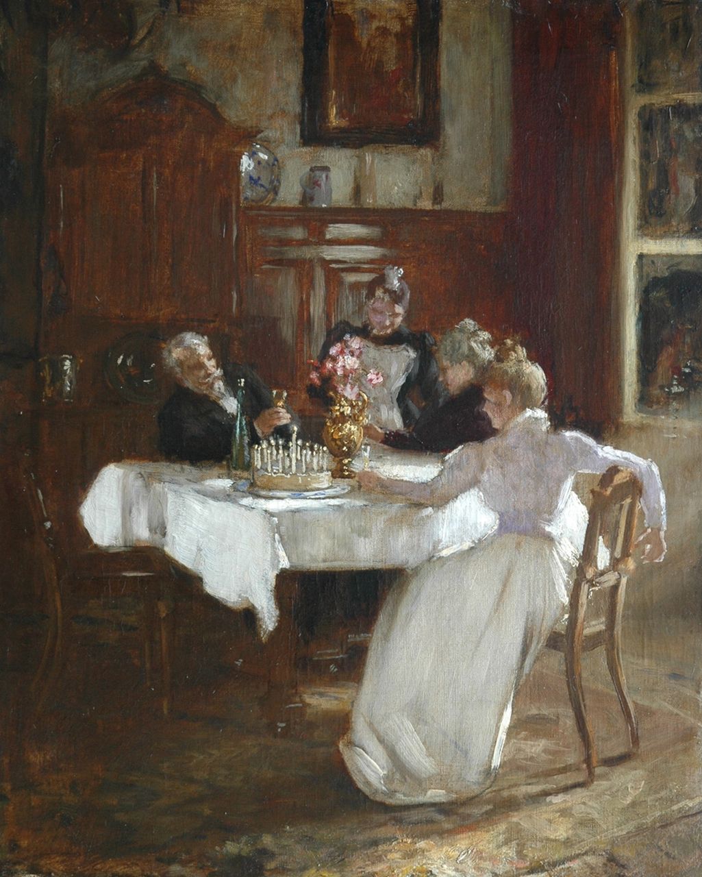 Crola H.  | Hugo Crola, Het verjaardagsfeest, olieverf op doek 59,5 x 48,1 cm, te dateren ca. 1898