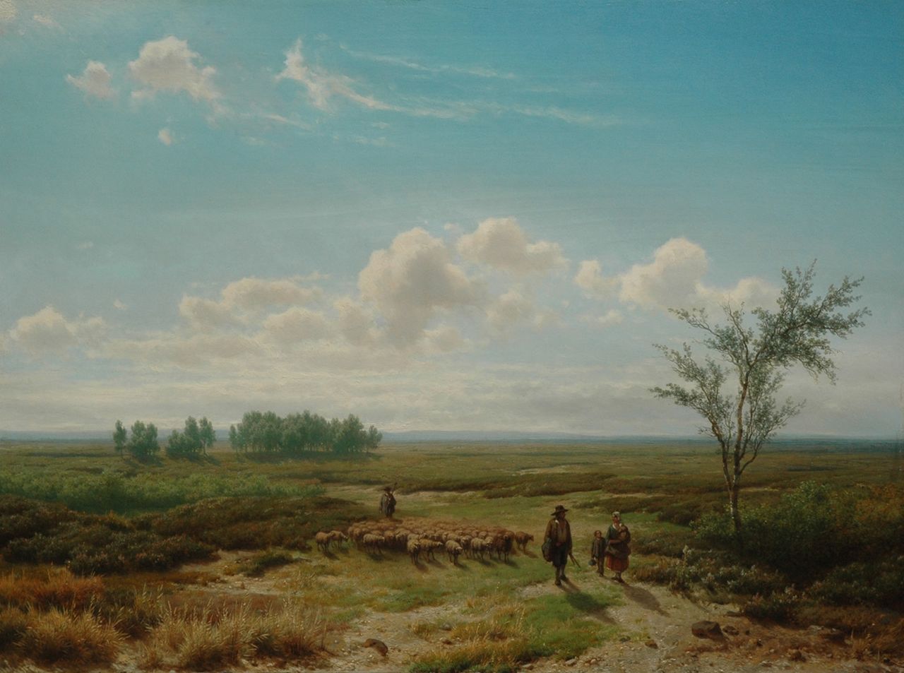 Lieste C. | Cornelis Lieste, Weids heidelandschap met landvolk en een kudde schapen, olieverf op paneel 58,0 x 78,5 cm, gesigneerd linksonder Lieste C. | Cornelis Lieste, Weids heidelandschap met landvolk en een kudde schapen, olieverf op paneel 58,0 x 78,5 cm, gesigneerd linksonder