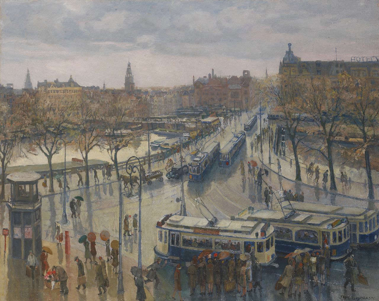 Pluijmers A.B.  | Anthonie Bernardus 'Toon' Pluijmers, Stationsplein met het Damrak in Amsterdam, olieverf op doek 80,5 x 100,0 cm, gesigneerd rechtsonder en gedateerd '41
