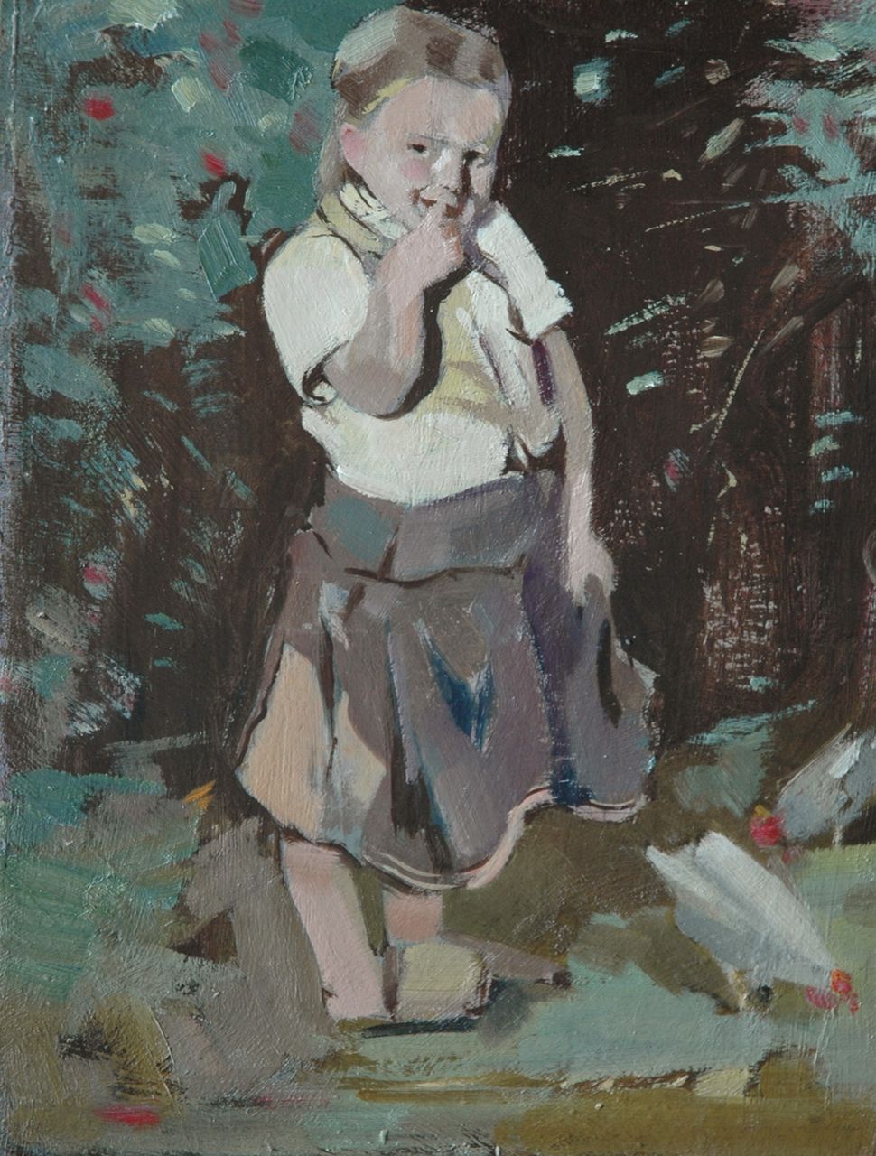 Wiggers K.H. | 'Karel' Hendrik Wiggers, Meisje met kip, olieverf op board 30,3 x 23,9 cm Wiggers K.H. | 'Karel' Hendrik Wiggers, Meisje met kip, olieverf op board 30,3 x 23,9 cm