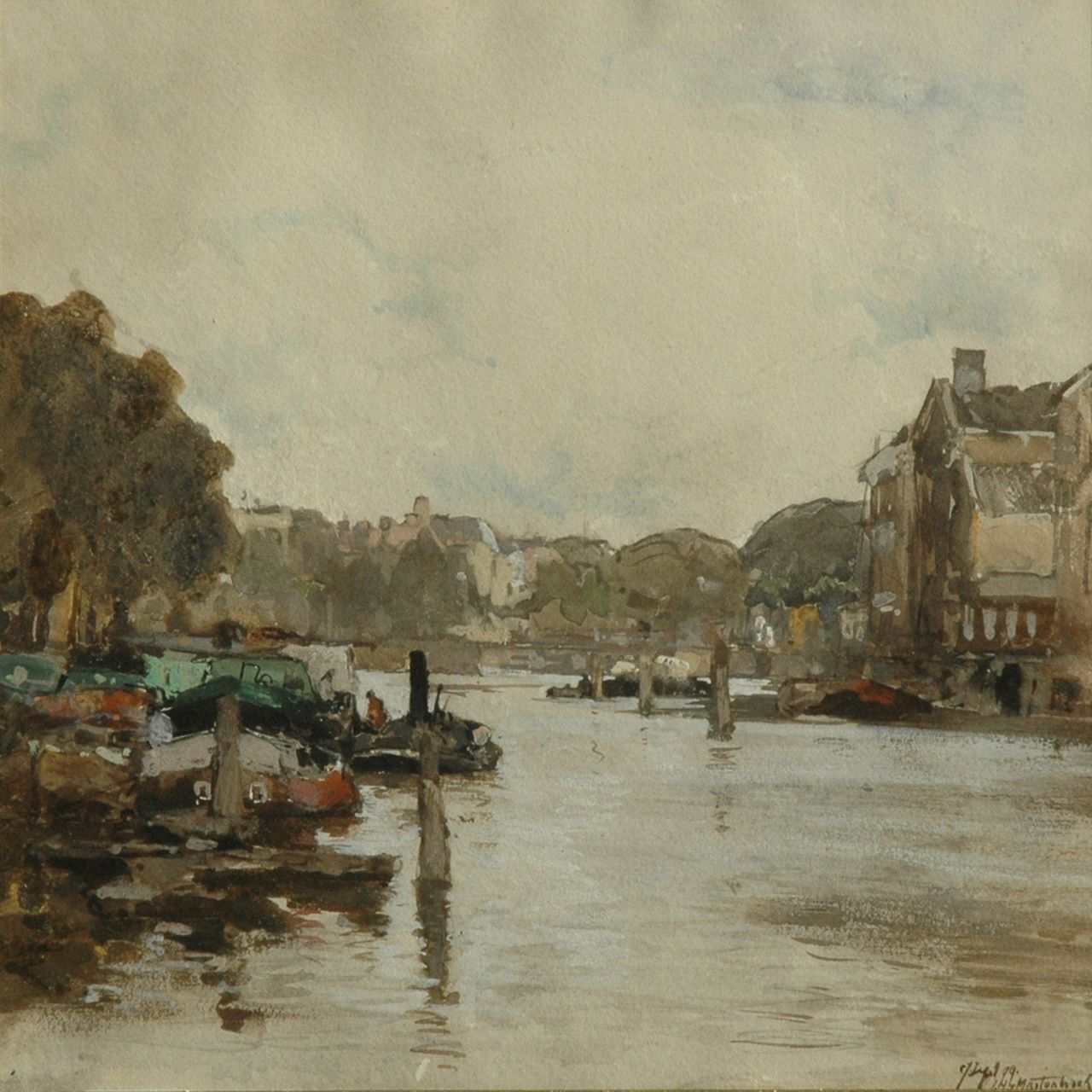 Mastenbroek J.H. van | Johan Hendrik van Mastenbroek, Afgemeerde schepen in een binnenhaven, aquarel op papier 25,5 x 25,5 cm, gesigneerd rechtsonder en gedateerd 17 sept. '99