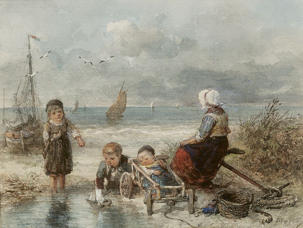 Kate J.M.H. ten | Johan 'Mari' Henri ten Kate, Vissersvrouw met haar kinderen op het strand, aquarel op papier 20,6 x 28,3 cm, gesigneerd rechtsonder Kate J.M.H. ten | Johan 'Mari' Henri ten Kate, Vissersvrouw met haar kinderen op het strand, aquarel op papier 20,6 x 28,3 cm, gesigneerd rechtsonder
