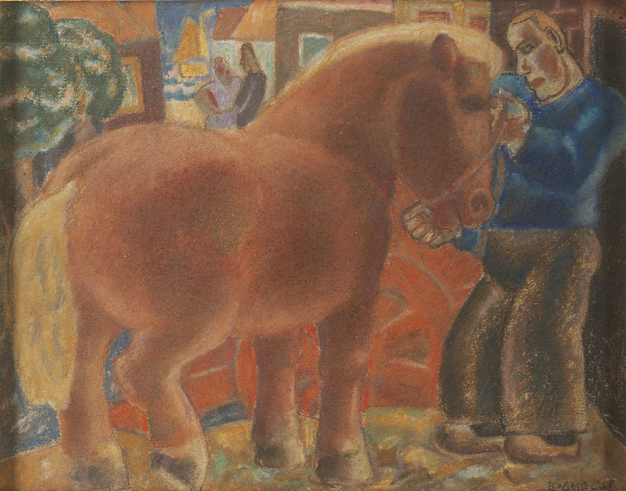 Gestel L. | Leendert 'Leo' Gestel, Paard inspannen, Vlaanderen, pastel op papier 25,8 x 32,8 cm, gesigneerd rechtsonder en gedateerd '28 Gestel L. | Leendert 'Leo' Gestel, Paard inspannen, Vlaanderen, pastel op papier 25,8 x 32,8 cm, gesigneerd rechtsonder en gedateerd '28