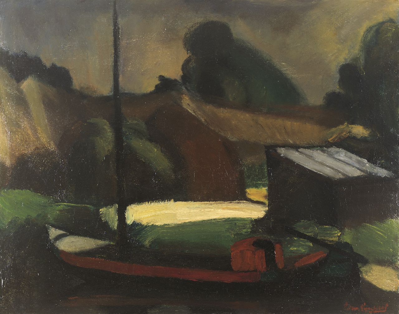 Wijngaerdt P.T. van | Petrus Theodorus 'Piet' van Wijngaerdt, Schuit bij een schuur, olieverf op doek 80,4 x 101,4 cm, gesigneerd rechtsonder en te dateren ca. 1918