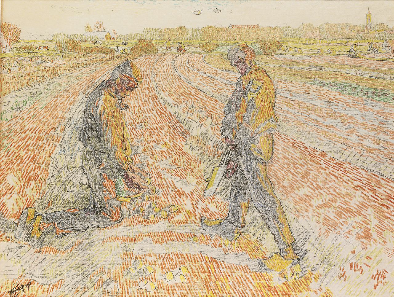 Toorop J.Th.  | Johannes Theodorus 'Jan' Toorop, Aardappels rapen, potlood en gekleurd krijt op papier 47,9 x 62,2 cm, gesigneerd linksonder en gedateerd 1907