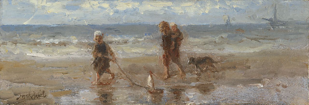 Israëls J.  | Jozef Israëls, Kinderen der zee, olieverf op paneel 12,9 x 37,6 cm, gesigneerd linksonder