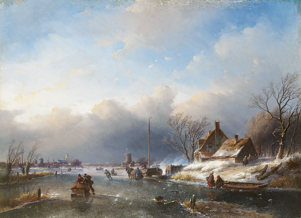 Spohler J.J. | Jan Jacob Spohler, Winterlandschap met vele figuren op het ijs, olieverf op doek 59,0 x 80,6 cm, gesigneerd linksonder resten van signatuur met initialen Spohler J.J. | Jan Jacob Spohler, Winterlandschap met vele figuren op het ijs, olieverf op doek 59,0 x 80,6 cm, gesigneerd linksonder resten van signatuur met initialen