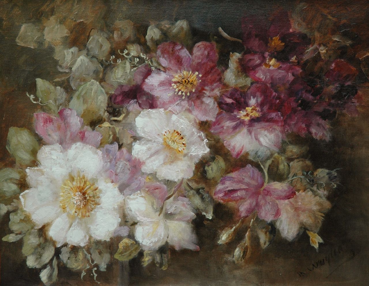 Wuytiers-Blaauw A.M. | Anna Maria 'Marie' Wuytiers-Blaauw, Clematis, olieverf op doek 43,1 x 55,1 cm, gesigneerd rechtsonder Wuytiers-Blaauw A.M. | Anna Maria 'Marie' Wuytiers-Blaauw, Clematis, olieverf op doek 43,1 x 55,1 cm, gesigneerd rechtsonder