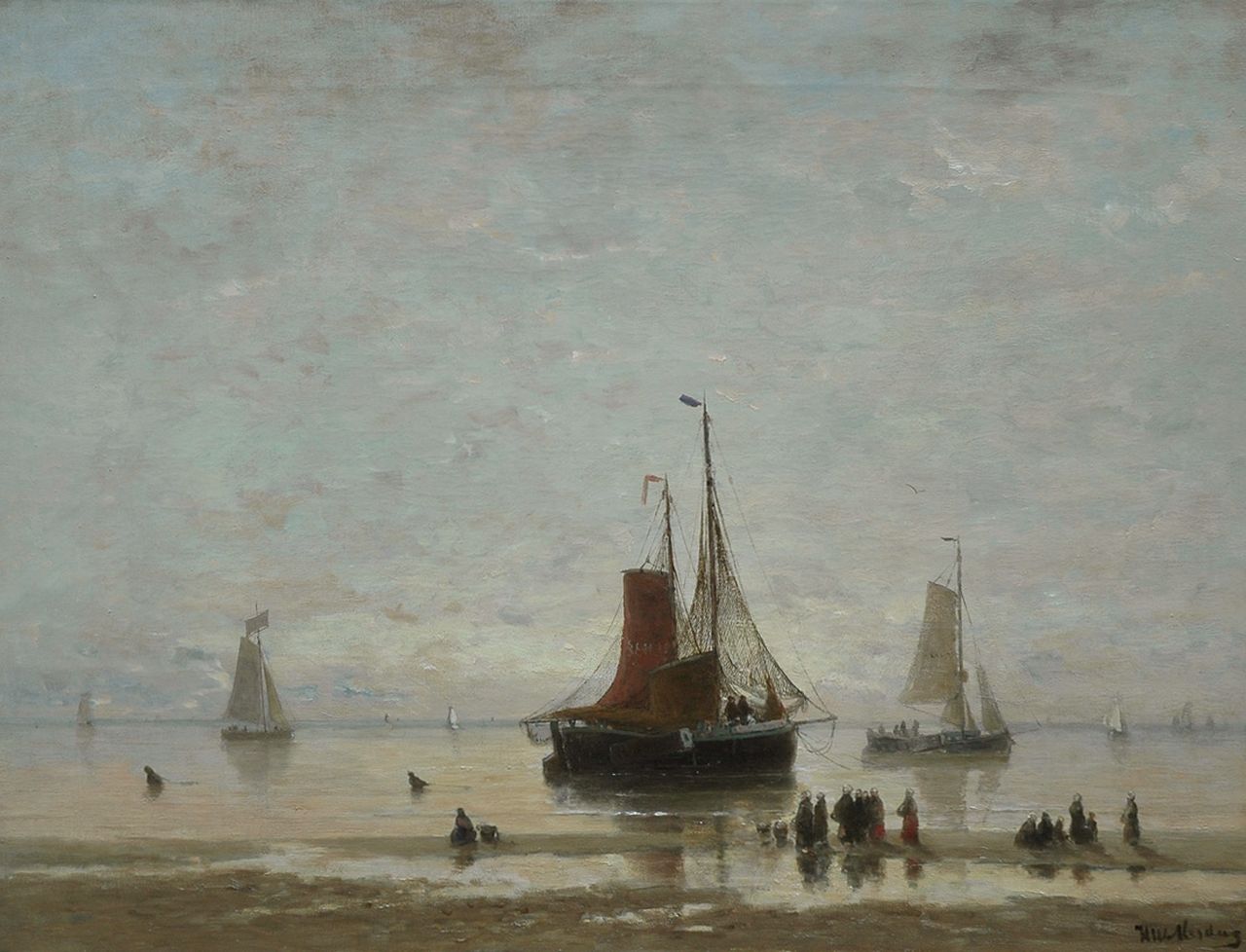Mesdag H.W. | Hendrik Willem Mesdag, Vissersschepen voor de kust bij zonsondergang, olieverf op doek 60,5 x 80,7 cm, gesigneerd rechtsonder Mesdag H.W. | Hendrik Willem Mesdag, Vissersschepen voor de kust bij zonsondergang, olieverf op doek 60,5 x 80,7 cm, gesigneerd rechtsonder