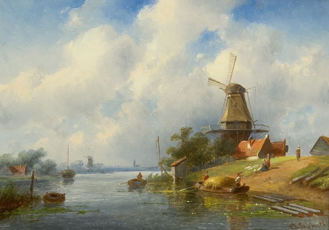 Leickert C.H.J. | 'Charles' Henri Joseph Leickert, Zomers riviergezicht met hooischuit en molen, olieverf op paneel 20,8 x 29,3 cm, gesigneerd rechtsonder Leickert C.H.J. | 'Charles' Henri Joseph Leickert, Zomers riviergezicht met hooischuit en molen, olieverf op paneel 20,8 x 29,3 cm, gesigneerd rechtsonder