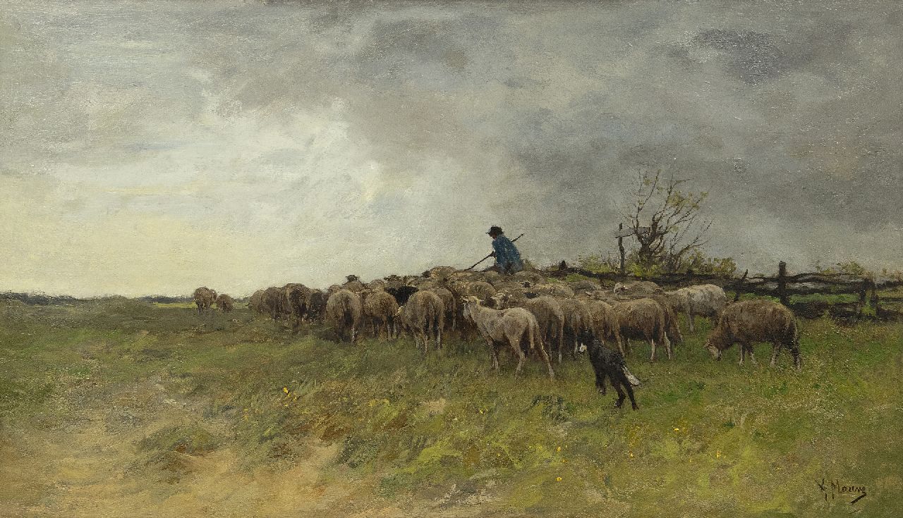 Mauve A. | Anthonij 'Anton' Mauve, Herder met zijn kudde, olieverf op doek 38,6 x 66,5 cm, gesigneerd rechtsonder Mauve A. | Anthonij 'Anton' Mauve, Herder met zijn kudde, olieverf op doek 38,6 x 66,5 cm, gesigneerd rechtsonder