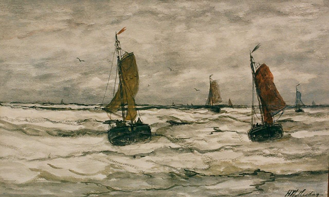 Mesdag H.W. | Hendrik Willem Mesdag, Bomschuiten in de branding, aquarel op papier 30,5 x 51,5 cm, gesigneerd rechtsonder Mesdag H.W. | Hendrik Willem Mesdag, Bomschuiten in de branding, aquarel op papier 30,5 x 51,5 cm, gesigneerd rechtsonder