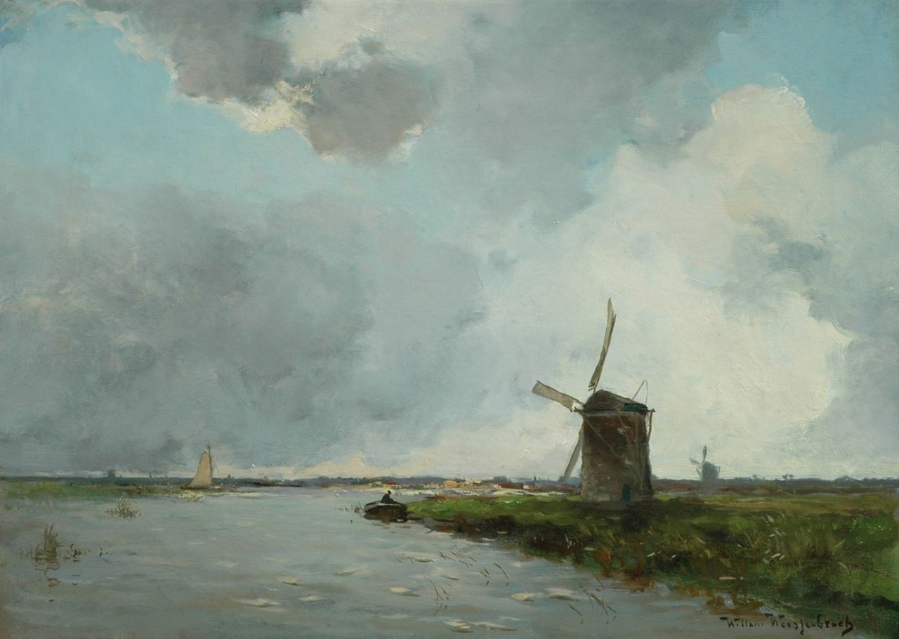 Weissenbruch W.J.  | 'Willem' Johannes Weissenbruch, Winderig weer: molen in een polderlandschap, olieverf op doek 40,1 x 56,4 cm, gesigneerd rechtsonder