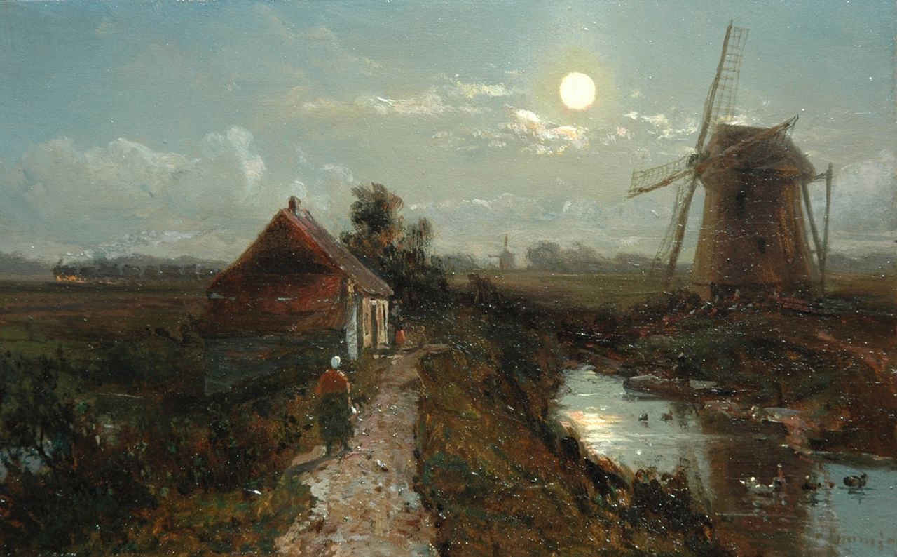 Immerzeel C. | Christiaan Immerzeel, Dijkhuis en molen bij maanlicht met een trein aan de horizon, olieverf op paneel 15,5 x 24,5 cm, gesigneerd rechtsonder Immerzeel C. | Christiaan Immerzeel, Dijkhuis en molen bij maanlicht met een trein aan de horizon, olieverf op paneel 15,5 x 24,5 cm, gesigneerd rechtsonder