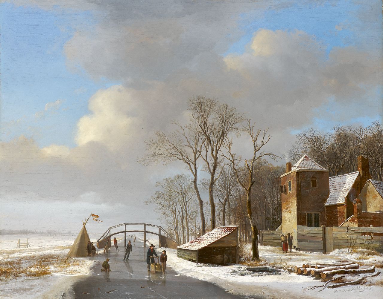 Sande Bakhuyzen H. van de | Hendrikus van de Sande Bakhuyzen, Besneeuwd polderlandschap met schaatsers, olieverf op paneel 40,4 x 51,0 cm, gesigneerd rechtsonder Sande Bakhuyzen H. van de | Hendrikus van de Sande Bakhuyzen, Besneeuwd polderlandschap met schaatsers, olieverf op paneel 40,4 x 51,0 cm, gesigneerd rechtsonder