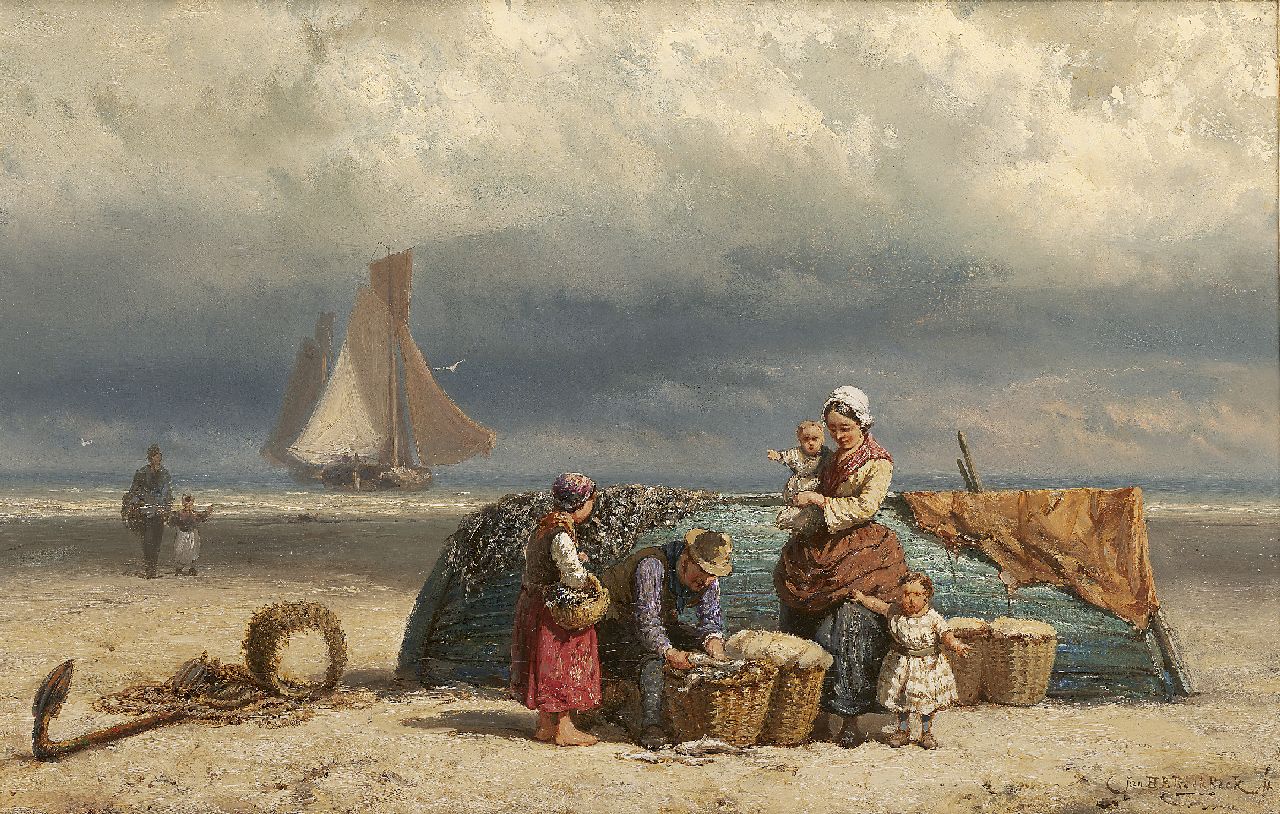 Koekkoek J.H.B. | Johannes Hermanus Barend 'Jan H.B.' Koekkoek, Vissersfamilie op het strand van Scheveningen, olieverf op doek 33,4 x 51,5 cm, gesigneerd rechtsonder Koekkoek J.H.B. | Johannes Hermanus Barend 'Jan H.B.' Koekkoek, Vissersfamilie op het strand van Scheveningen, olieverf op doek 33,4 x 51,5 cm, gesigneerd rechtsonder