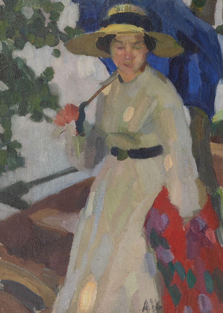 Höfer A. | Adolf Höfer, Vrouw met strohoed en parasol, olieverf op doek op board 63,3 x 45,8 cm, gesigneerd rechts van het midden. met initialen en te dateren ca. 1910 Höfer A. | Adolf Höfer, Vrouw met strohoed en parasol, olieverf op doek op board 63,3 x 45,8 cm, gesigneerd rechts van het midden. met initialen en te dateren ca. 1910