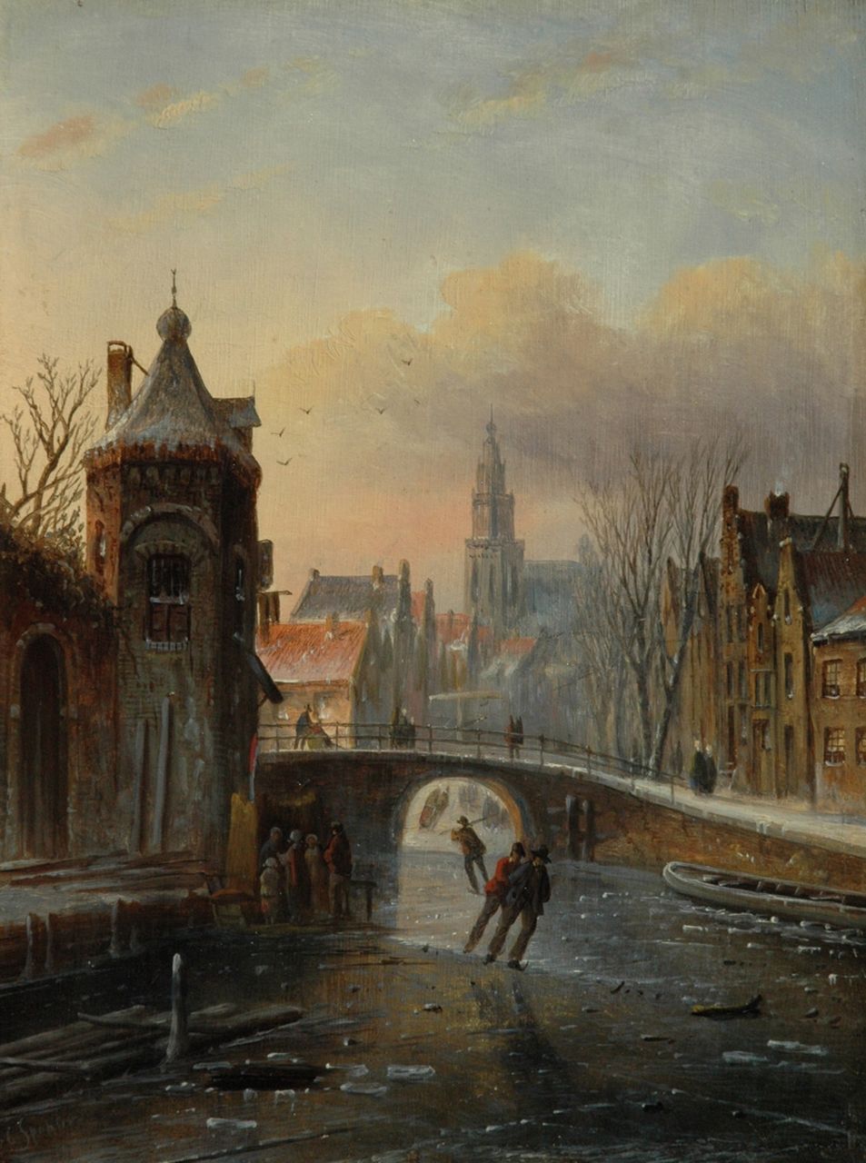 Spohler J.J.C. | Jacob Jan Coenraad Spohler, Schaatsers bij een boogbrug, olieverf op paneel 22,1 x 16,7 cm, gesigneerd linksonder Spohler J.J.C. | Jacob Jan Coenraad Spohler, Schaatsers bij een boogbrug, olieverf op paneel 22,1 x 16,7 cm, gesigneerd linksonder