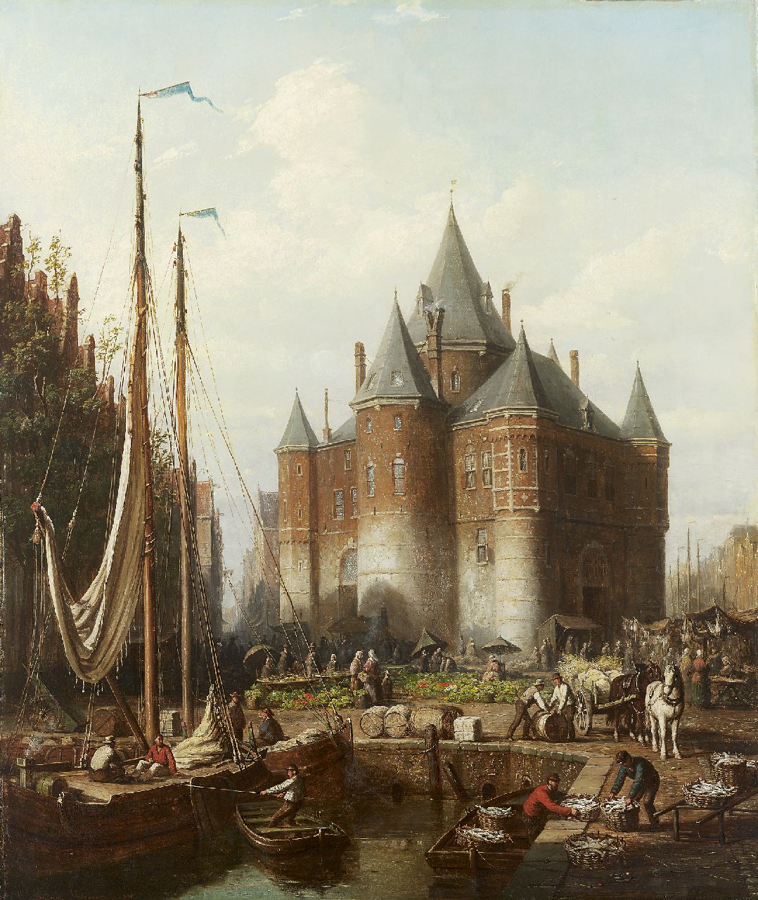 Scheerboom A. | Andries Scheerboom, Levendige havenscène met markt en de Amsterdamse Waag, olieverf op doek 81,5 x 70,5 cm, gesigneerd linksonder en gedateerd 1871 Scheerboom A. | Andries Scheerboom, Levendige havenscène met markt en de Amsterdamse Waag, olieverf op doek 81,5 x 70,5 cm, gesigneerd linksonder en gedateerd 1871