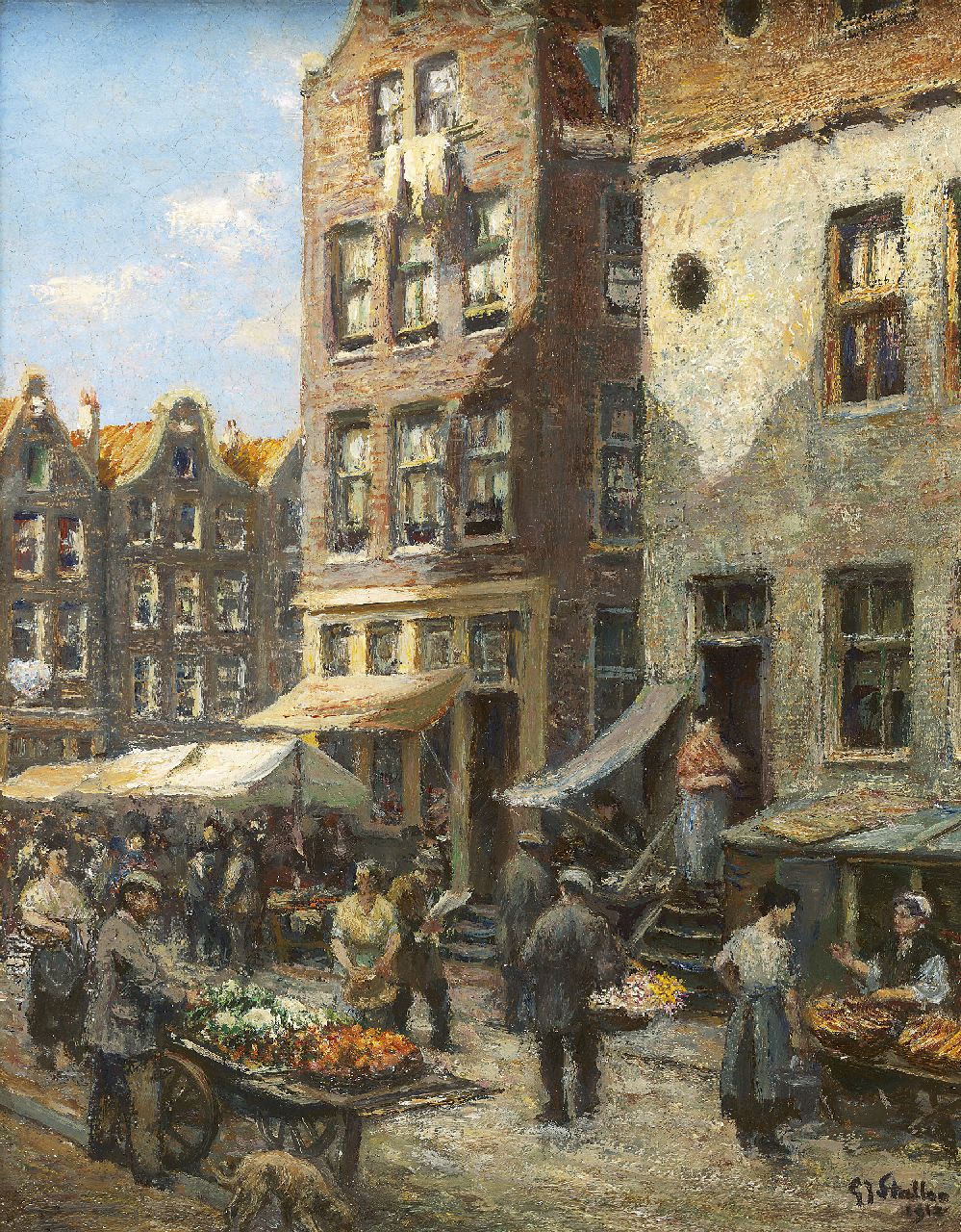 Staller G.J. | Gerard Johan Staller, Markt in de Amsterdamse joodse buurt, olieverf op doek op paneel 23,6 x 18,4 cm, gesigneerd rechtsonder en gedateerd 1912 Staller G.J. | Gerard Johan Staller, Markt in de Amsterdamse joodse buurt, olieverf op doek op paneel 23,6 x 18,4 cm, gesigneerd rechtsonder en gedateerd 1912