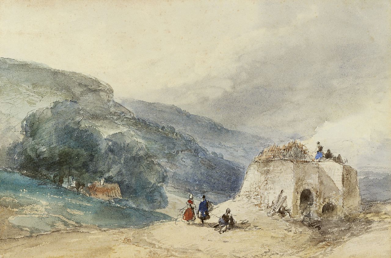 Schelfhout A. | Andreas Schelfhout, Figuren bij een kalkoven in een heuvellandschap, potlood en aquarel op papier 18,6 x 27,6 cm, gesigneerd linksondermet initialen en verso voluit Schelfhout A. | Andreas Schelfhout, Figuren bij een kalkoven in een heuvellandschap, potlood en aquarel op papier 18,6 x 27,6 cm, gesigneerd linksondermet initialen en verso voluit