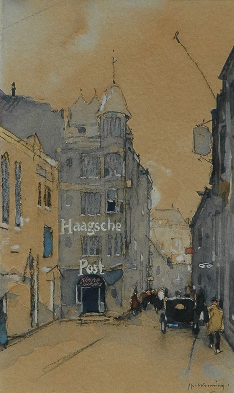 Wenning IJ.H.  | IJpe Heerke 'Ype' Wenning, Het Noordeinde in Den Haag met het gebouw van de Haagsche Post, zwart krijt en aquarel op papier 18,8 x 11,1 cm, gesigneerd rechtsonder en te dateren ca. 1929