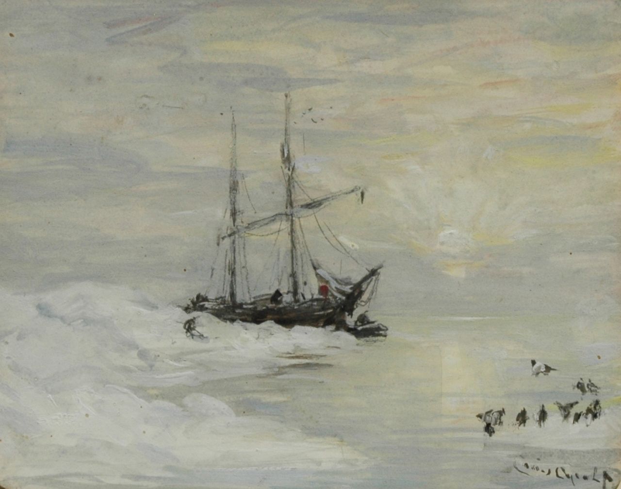 Apol L.F.H.  | Lodewijk Franciscus Hendrik 'Louis' Apol, De poolschoener Willem Barents op Spitsbergen, bij zonsondergang, potlood en gouache op papier 10,3 x 12,8 cm, gesigneerd rechtsonder