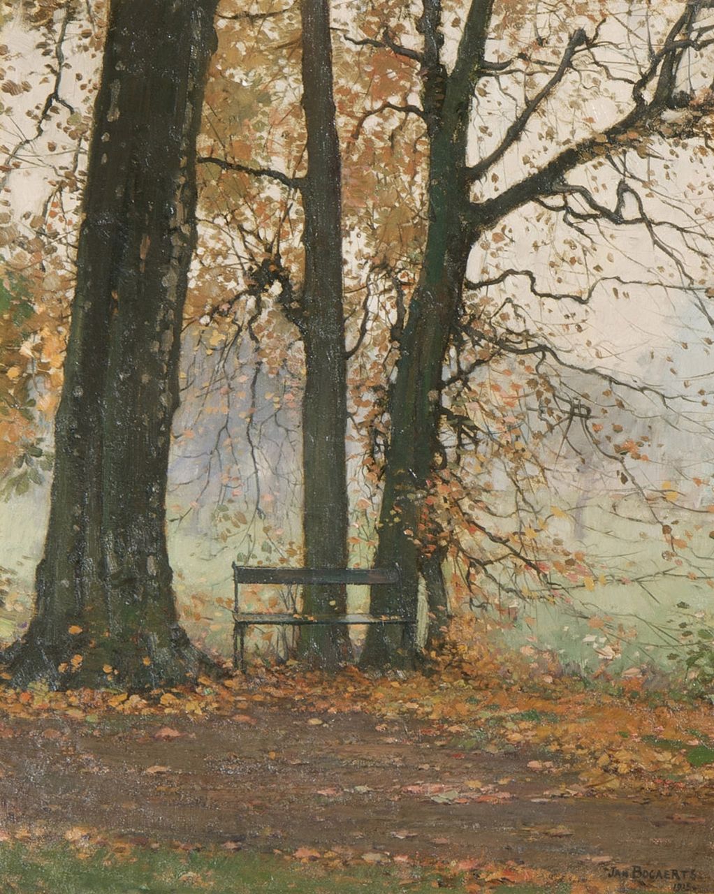 Bogaerts J.J.M. | Johannes Jacobus Maria 'Jan' Bogaerts, Bankje in een herfstbos, olieverf op doek 38,3 x 30,3 cm, gesigneerd rechtsonder en gedateerd 1915 Bogaerts J.J.M. | Johannes Jacobus Maria 'Jan' Bogaerts, Bankje in een herfstbos, olieverf op doek 38,3 x 30,3 cm, gesigneerd rechtsonder en gedateerd 1915
